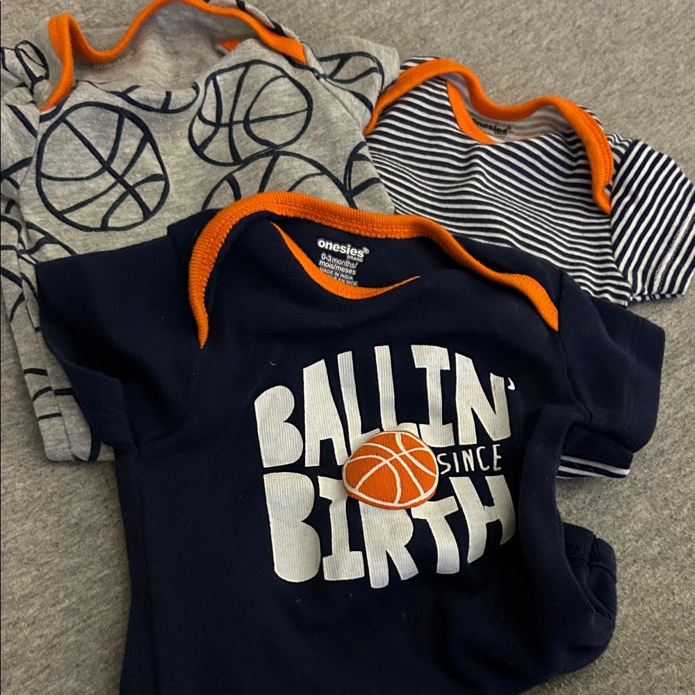 3pc Onesies Brand Kids Basketball Graphic Tees  Navy Gray And Striped